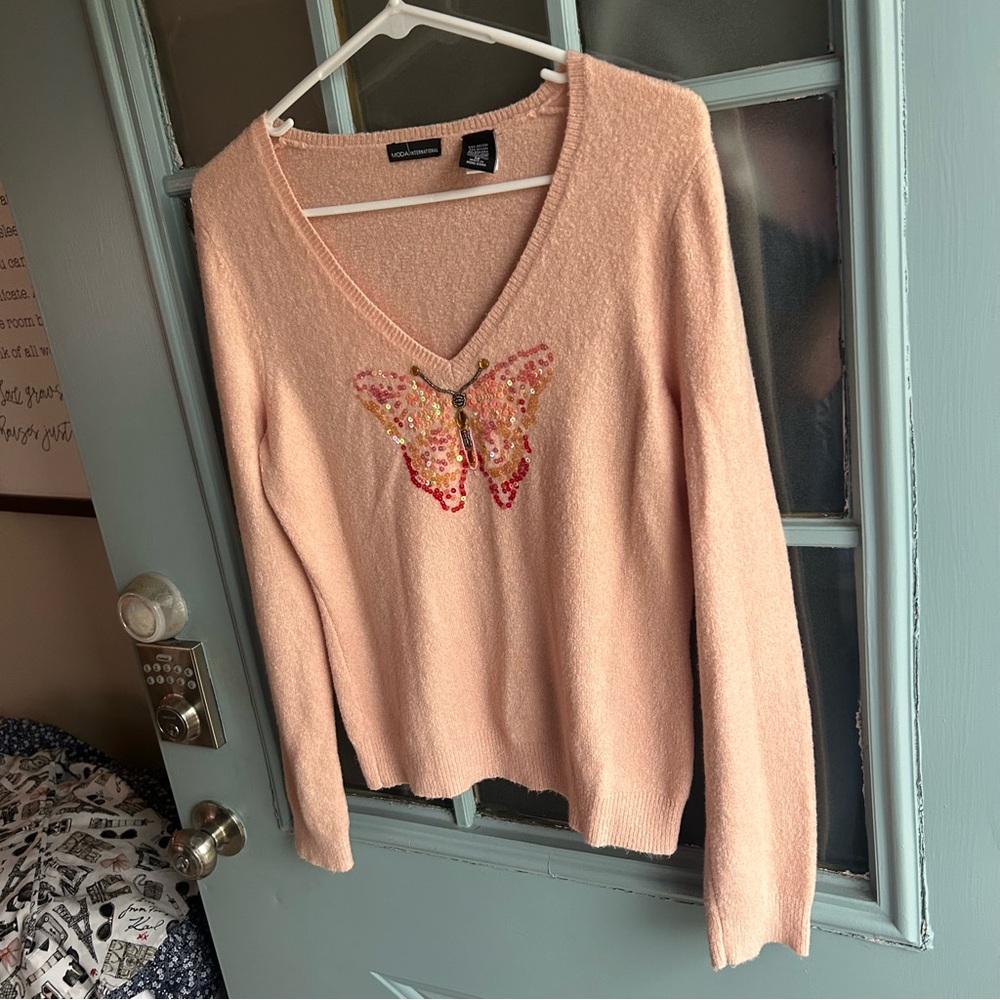 Y2K Vintage Beaded Sequin Butterfly Long Sleeve Rabbit Hair Sweater Coral Pink M - Picture 2 of 8